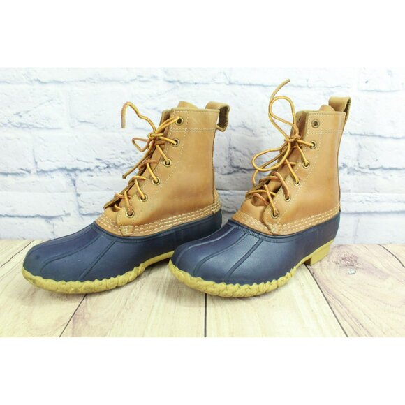 LL Bean Blue Leather 8" Lace Up Unlined Ankle Duck Boots Round Toe Size 7 M - Picture 2 of 10